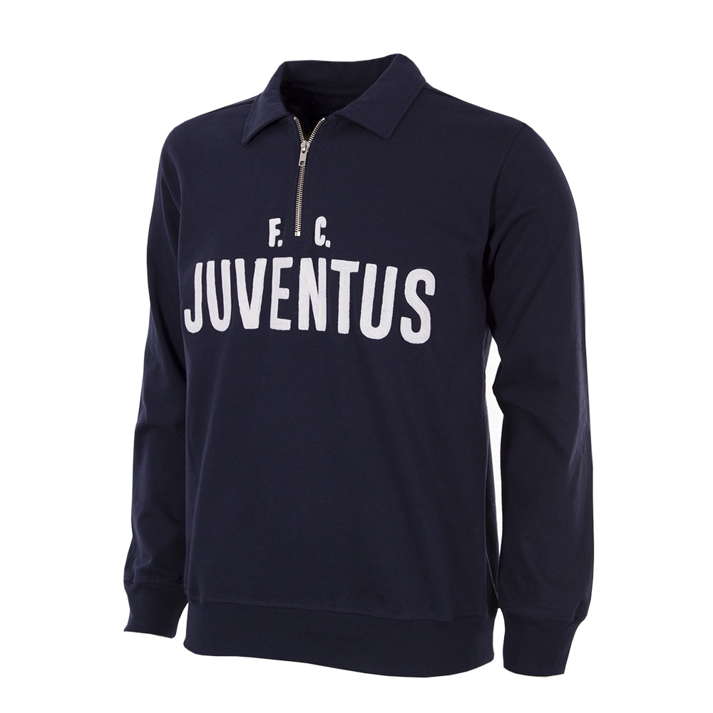 Marineblauw retro trainingsjack met hoge kraag, halve rits en grote JUVENTUS-print