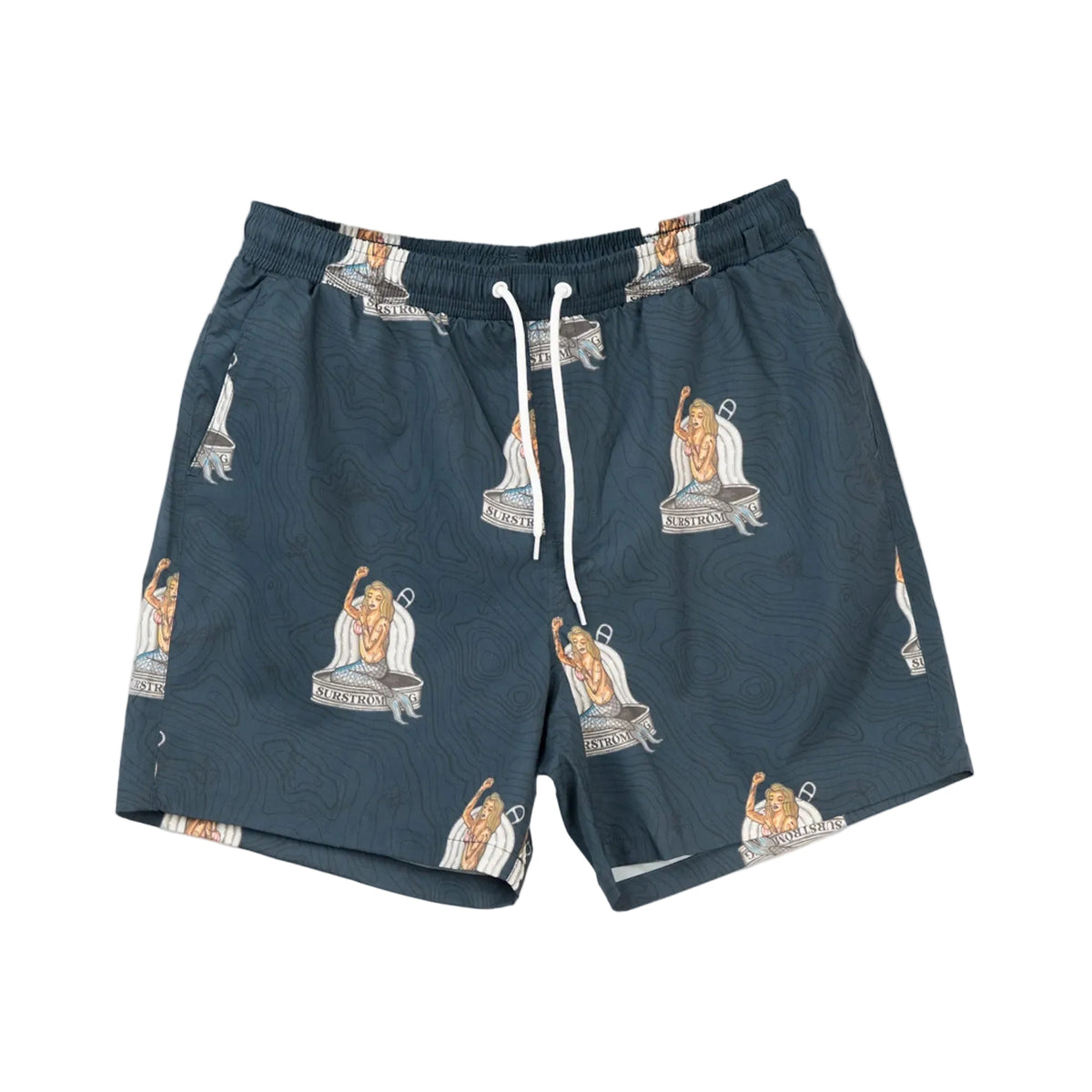 Zwemshort donkerblauw met zeemeerminprint, wijde pijpen en witte trekkoord