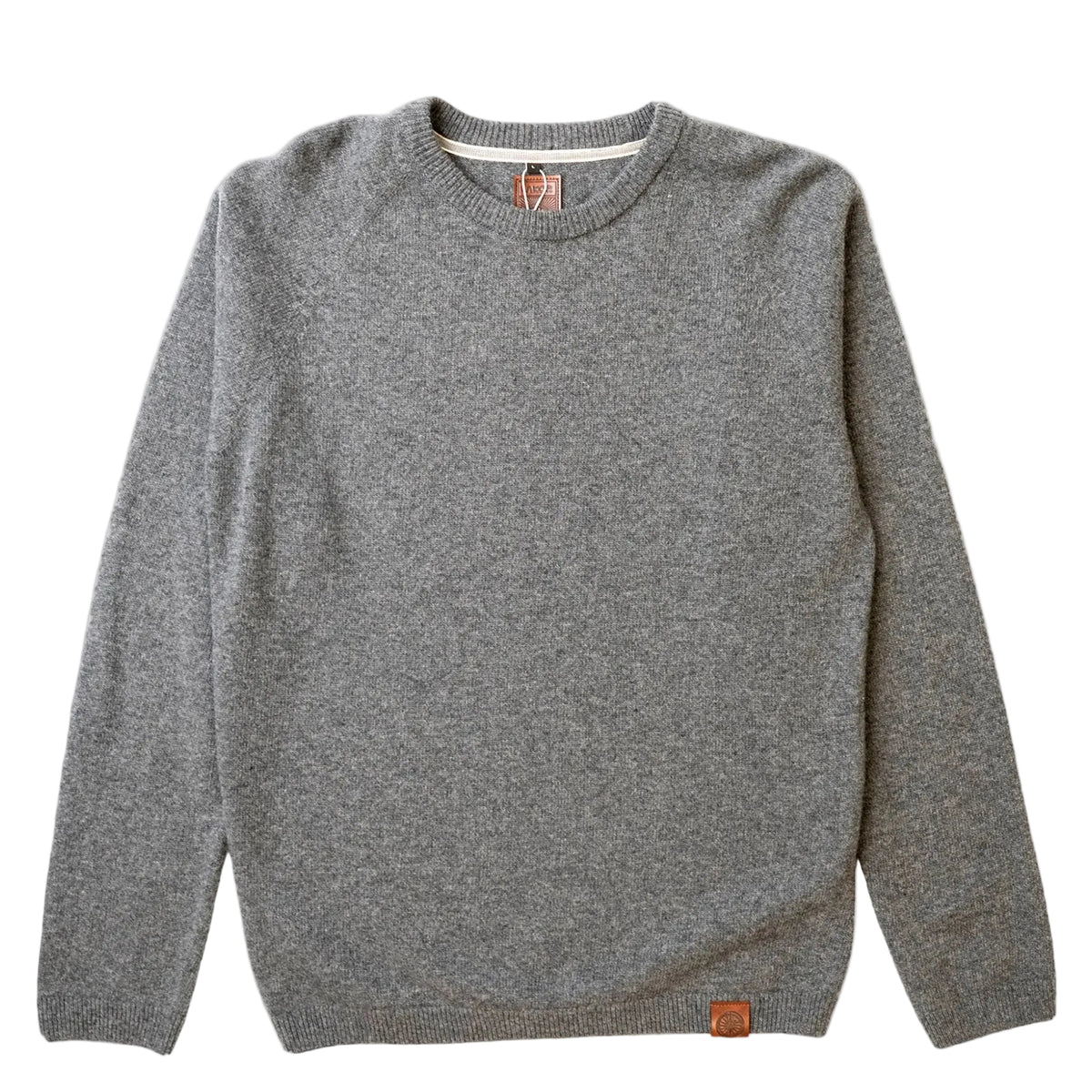 Grijze melange gebreide trui met ronde hals, lange mouwen en ribboorden, oranje label
