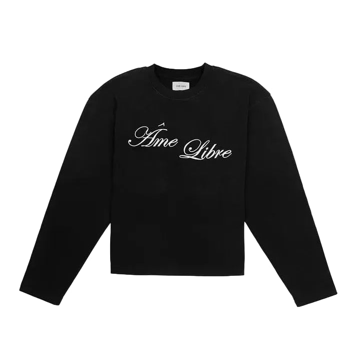 Donkere longsleeve met ronde hals en borstprint 'Âme Libre', lange mouwen