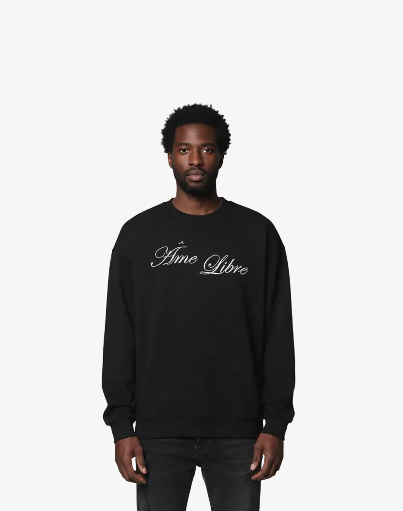 Donkere longsleeve met ronde hals en grote borstprint 'Âme Libre', lange mouwen