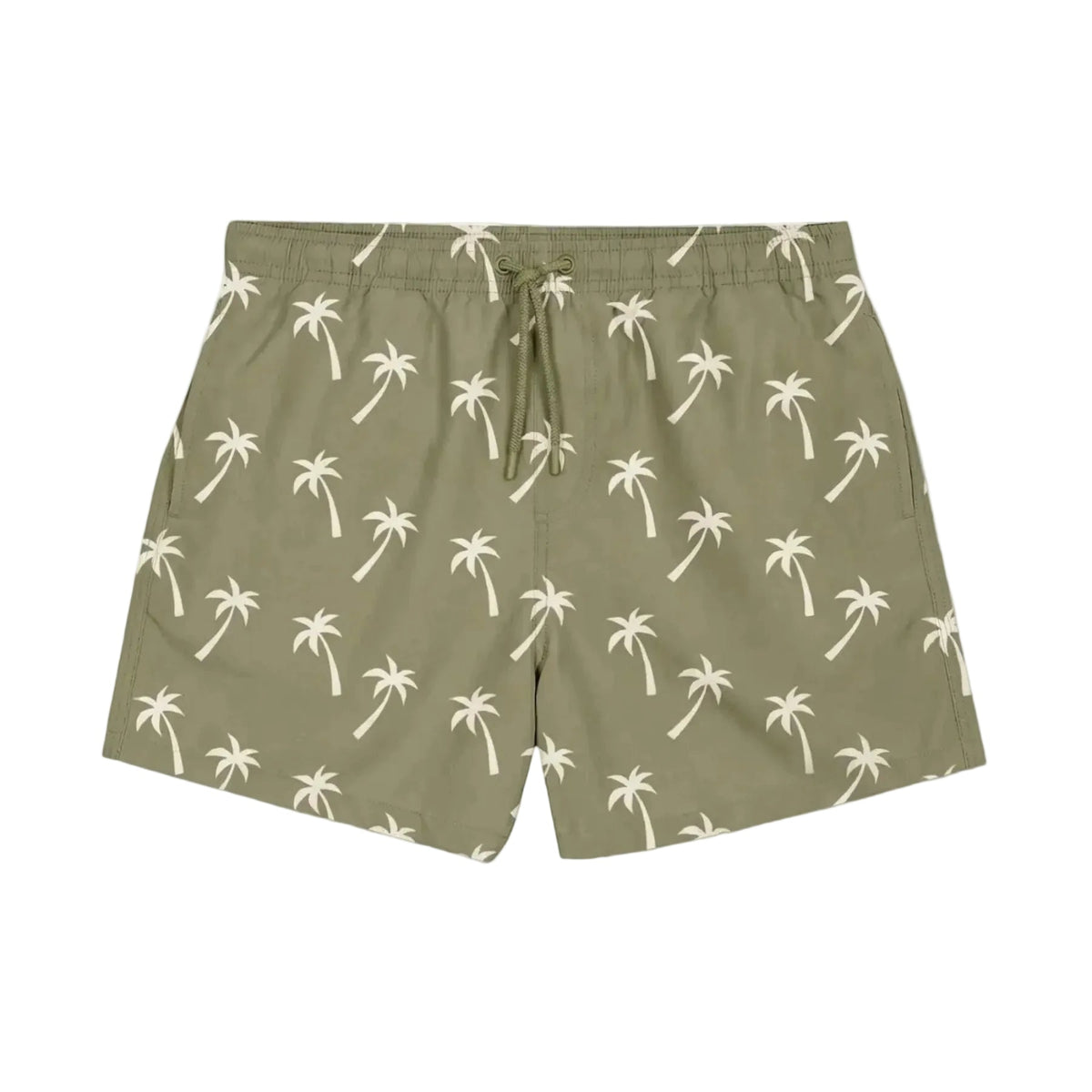 Zwemshort saliekleur met allover palmenprint, rechte pijpen en trekkoordsluiting