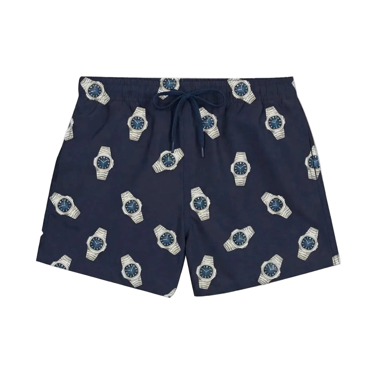 Donkerblauwe zwemshort met allover horlogedessin, elastische taille en trekkoord