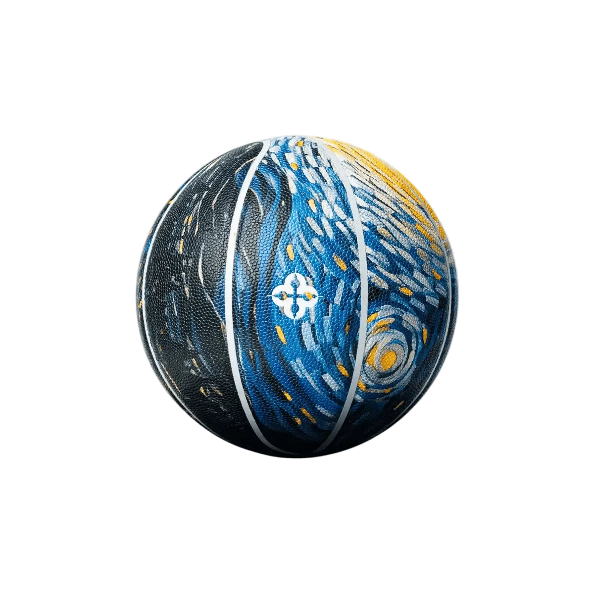 Design basketbal met blauwe en zwarte print en witte lelie-ornamenten