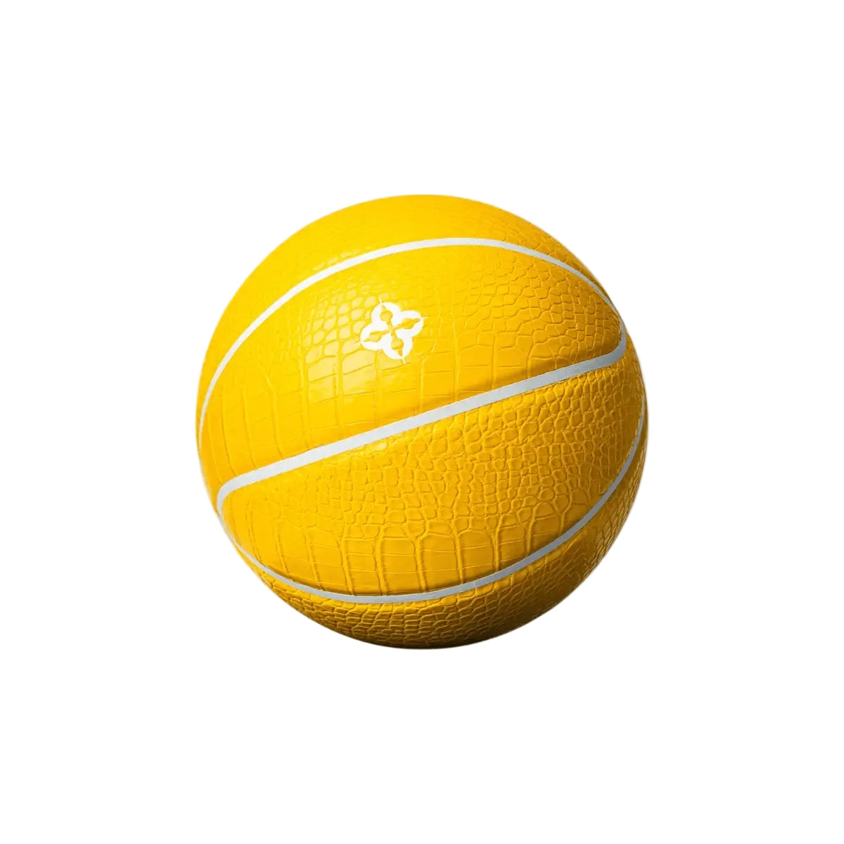 Geel basketbal met krokodillennerf, witte baan en wit embleem