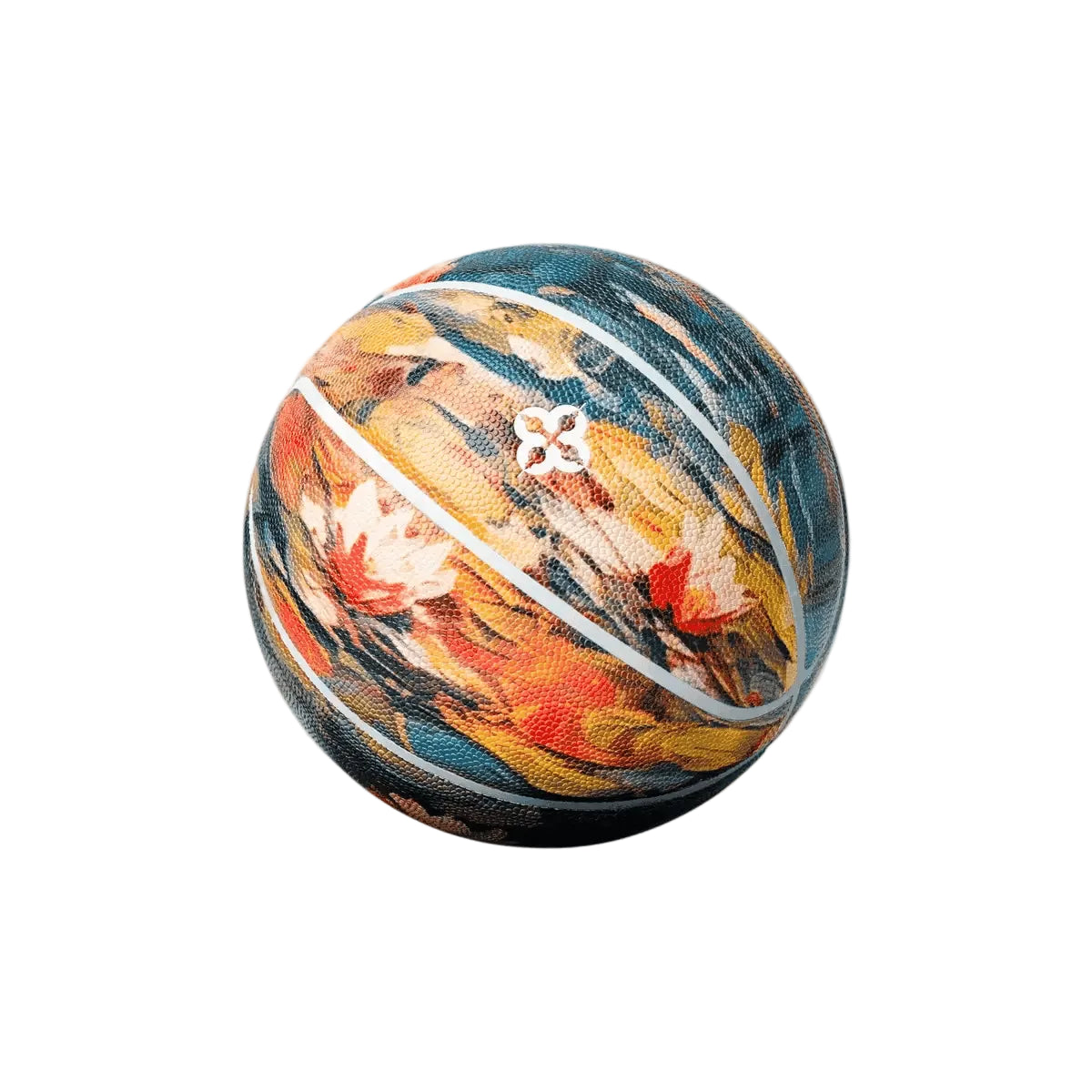 Design basketbal met kleurrijke waterleliesprint en gestileerde bloem