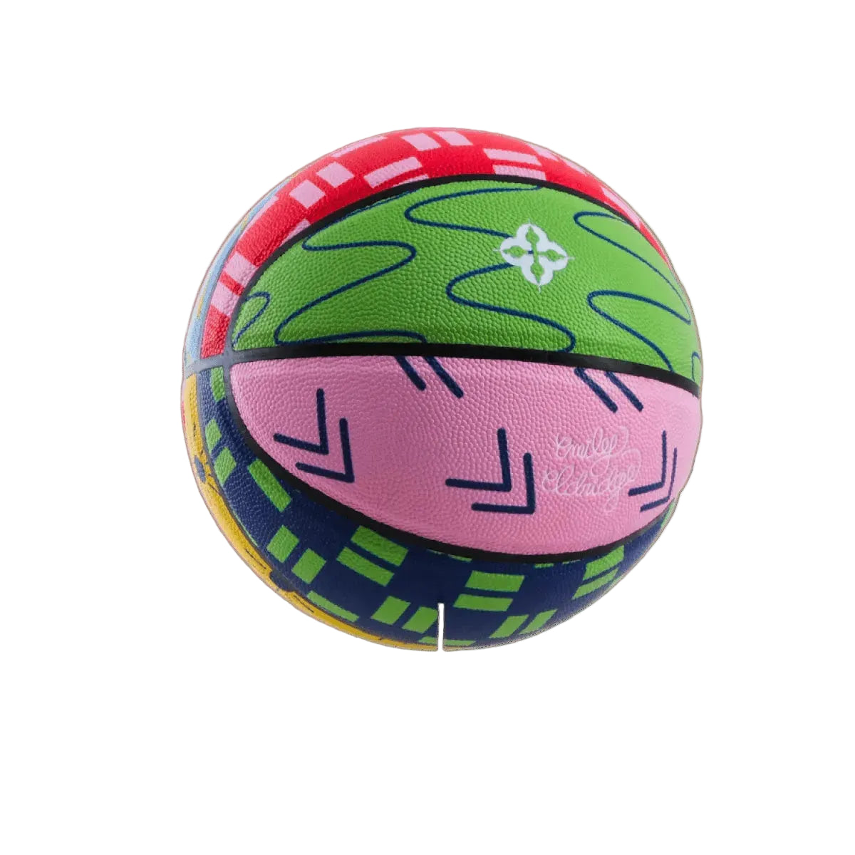 Designbasketbal met roze, groen en rode kunstprint en zwarte panelen