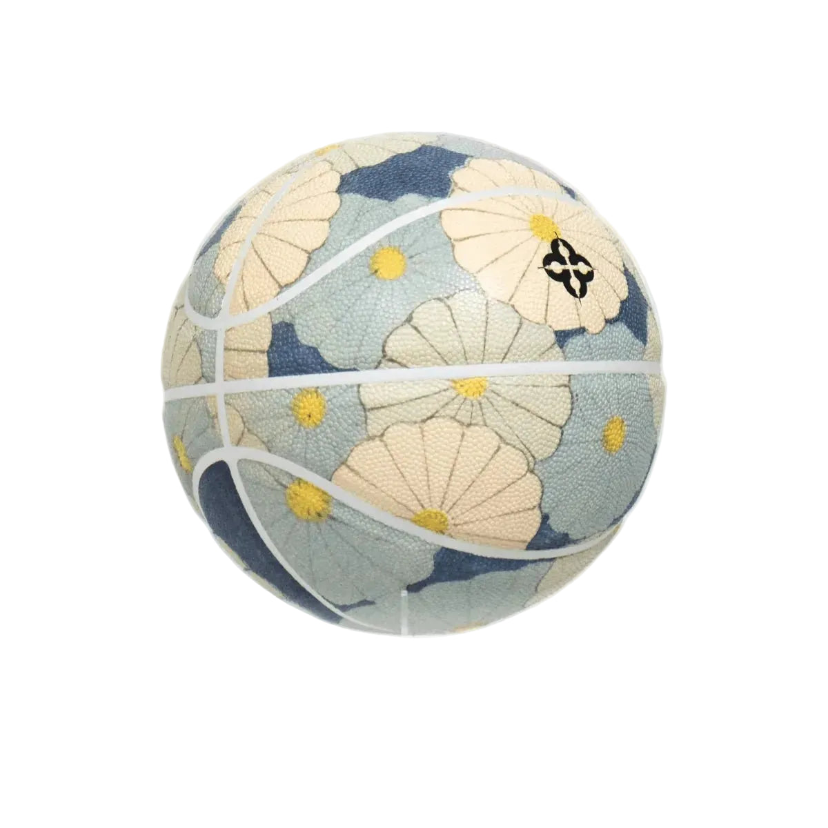 Indigo designbasketbal met bloem- en parasolprint, goudgele accenten
