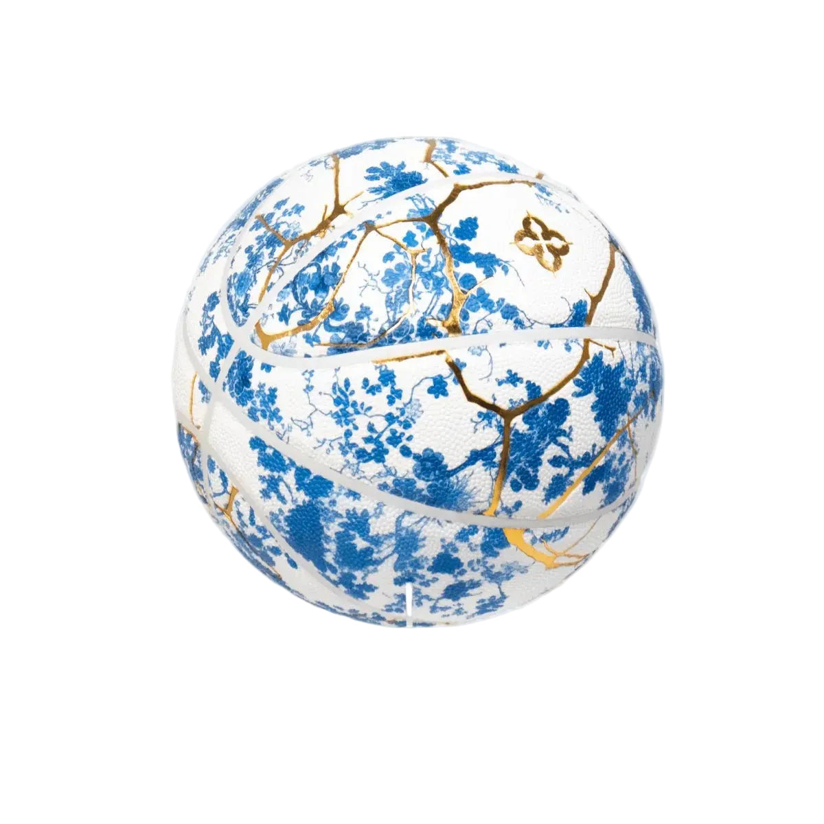 Blauw-witte basketbal met goudkleurige accenten en sierlijk takdecor