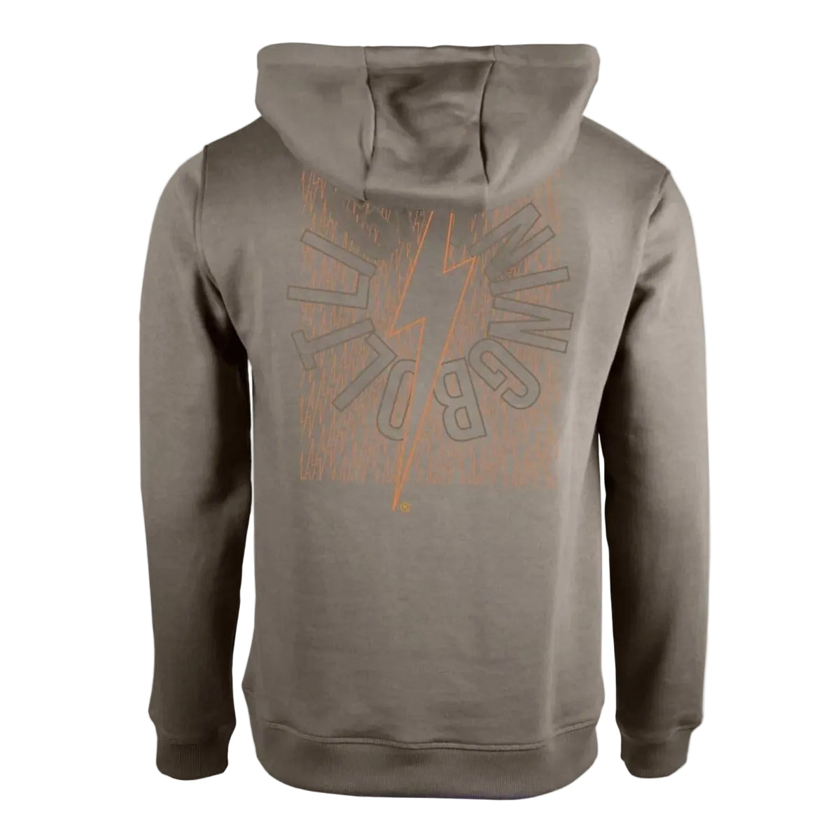 Grijze hoodie met capuchon en grote rugopdruk, lange mouwen.