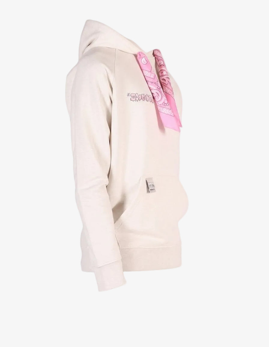Beige hoodie met capuchon, roze lintdetail en borstprint; mouwlabel LAB10MENSWEAR.NL