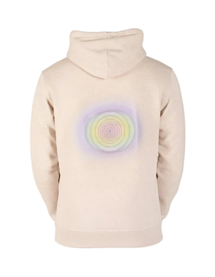 Sandkleurige hoodie met grote regenboogcirkelprint op de rug