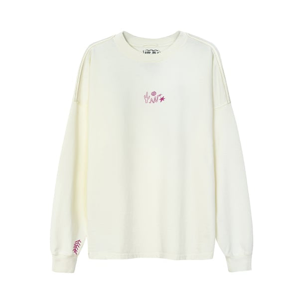 Off-white longsleeve met ronde hals en kleine roze borstprint, plat