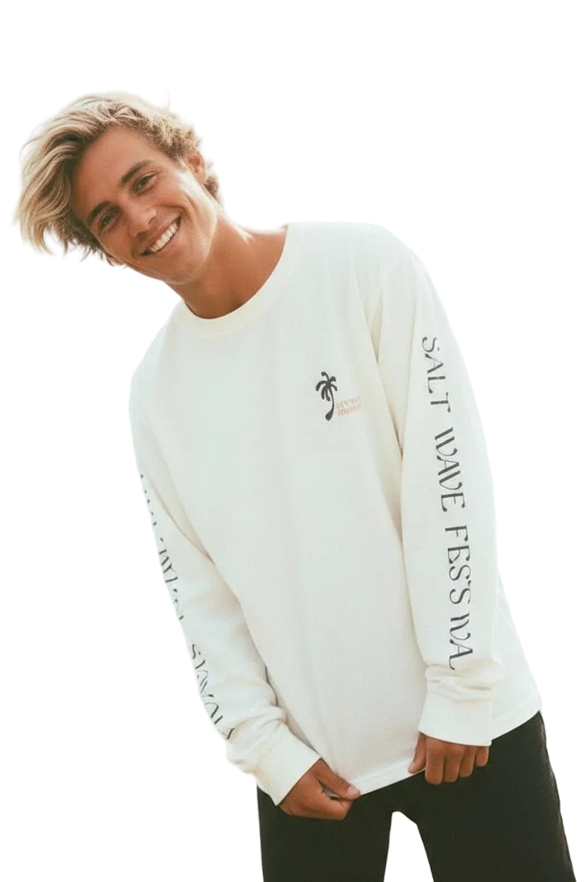 Vintage witte long sleeve met borstlogo en verticale tekst op mouw