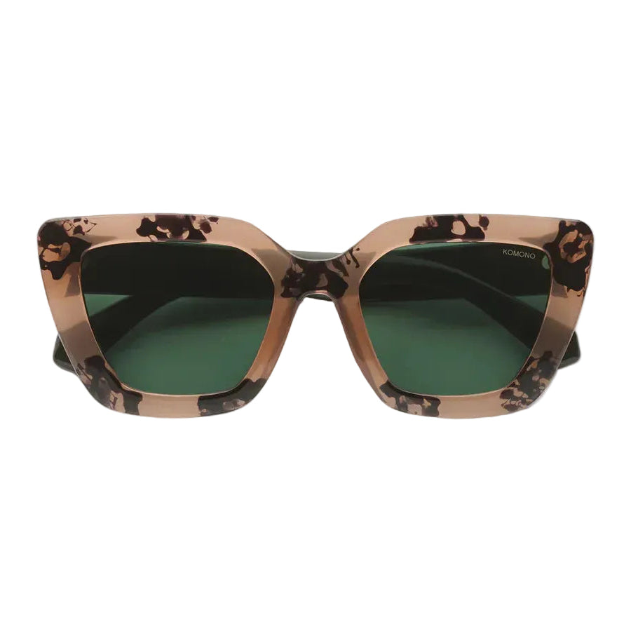 Tortoiseshell zonnebril met groene glazen en hoekig montuur
