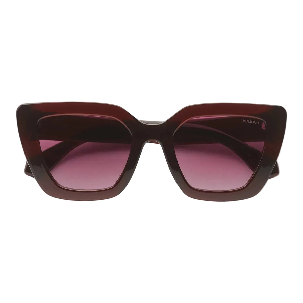 Bordeaux zonnebril met roze lenzen, hoekige cat-eye vorm en dikke zijkanten.