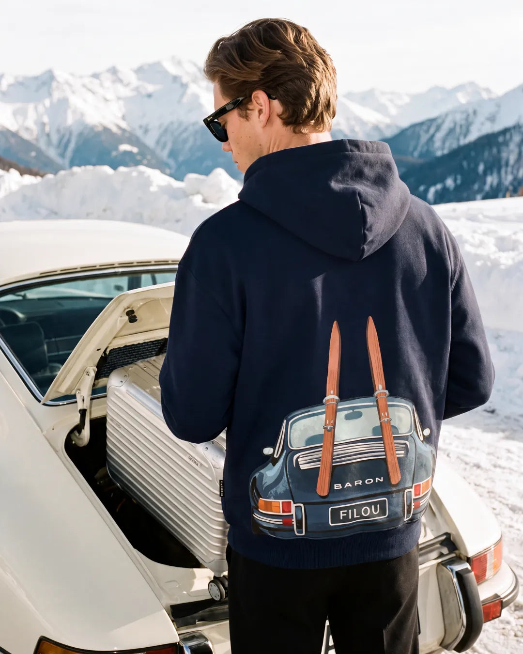 Baron Filou Oversized Backprint Hoodie Car With Skis - Oxford Blue
