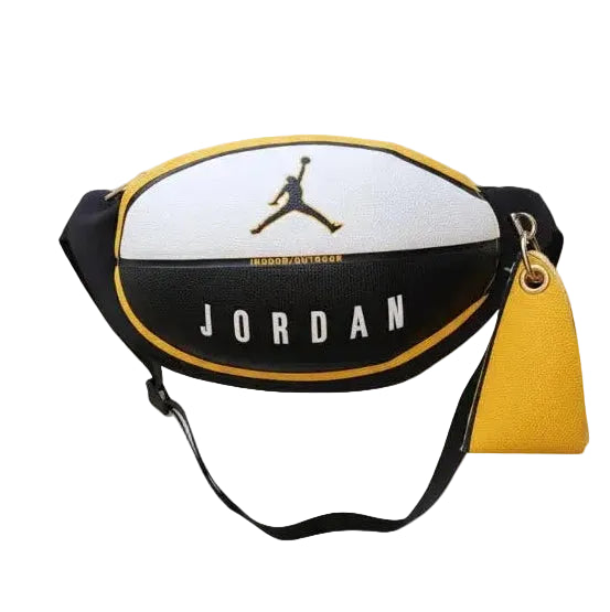 Basketbal heuptas zwart met wit midden en gele details, Jordan-logo en draagriem